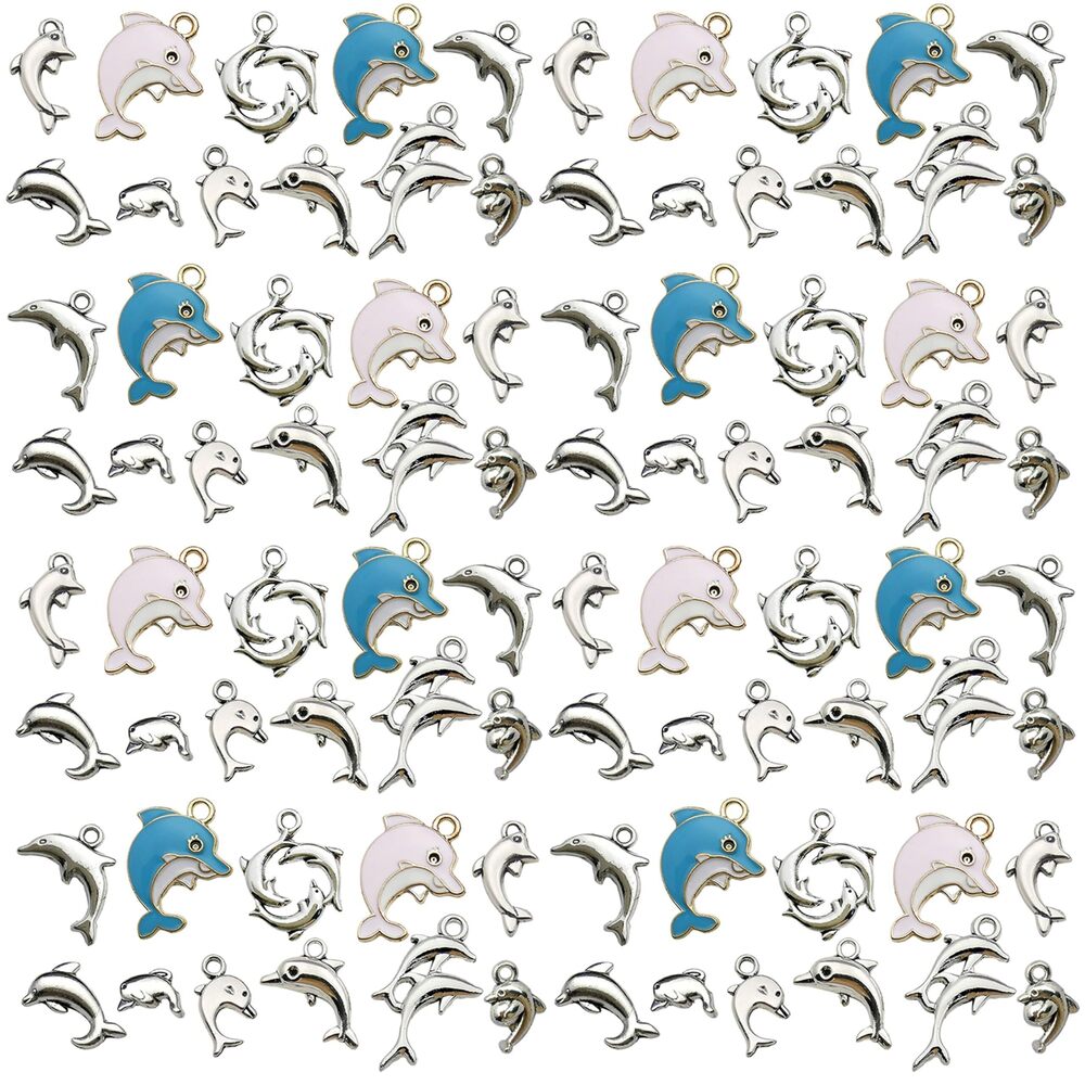 8960 110Pcs Drip Oil Blue Dolphin Ancient Silver Dolphin Charm Pendant